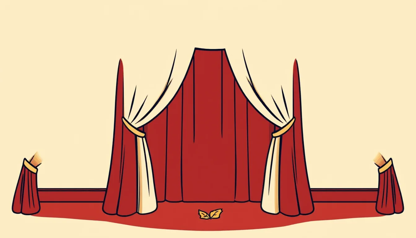 A closed red theatre curtain with a single autumn leaf in front of it on the stage floor