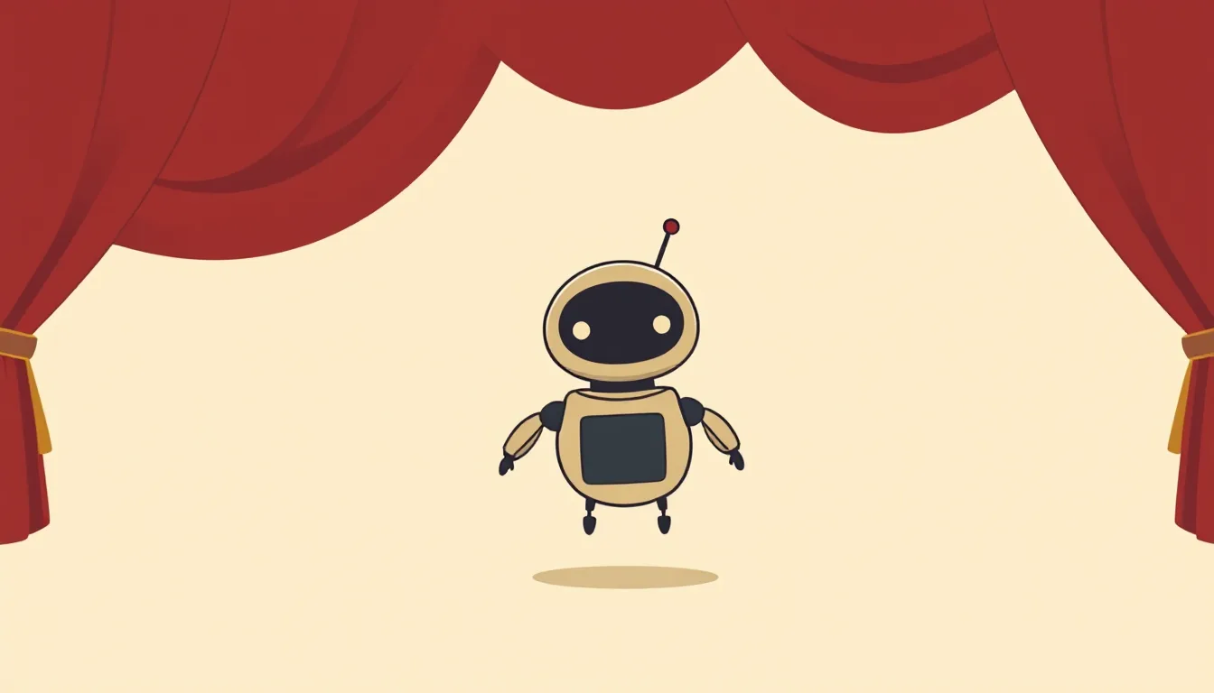 A small round flying robot hovers in front of a red theatre curtain