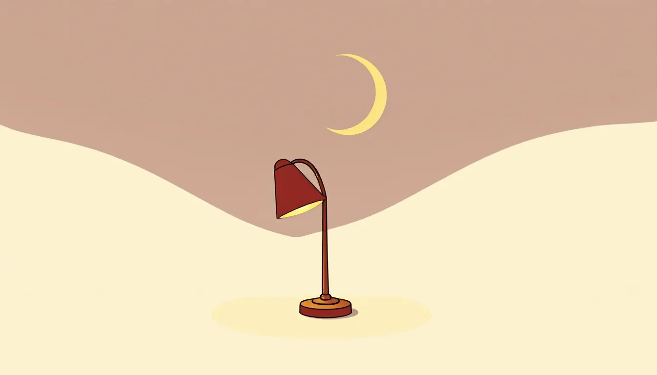 A single table lamp glows in the dark, behind it a thin crescent moon