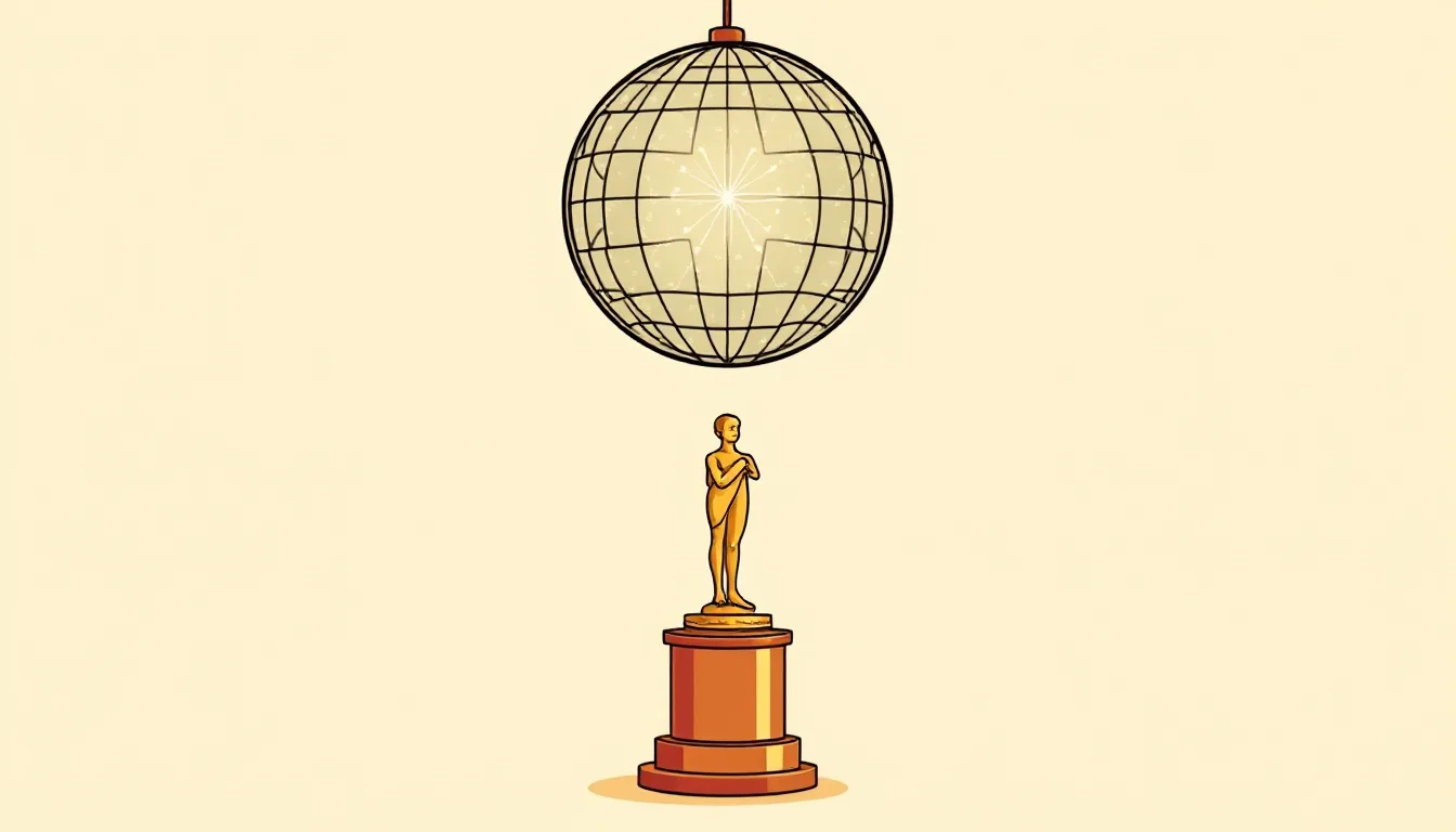 A small golden statuette stands on a pedestal beneath a glittering disco ball