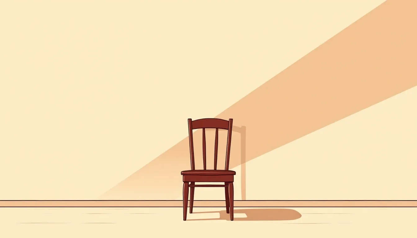 A single wooden chair in an empty room, over which the long shadow of a wild-haired figure falls