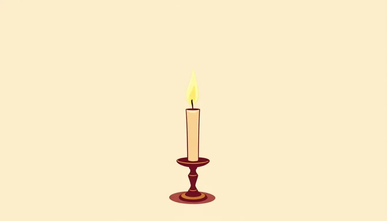 A flickering candle stands on a plain candlestick, with a long dark shadow behind it
