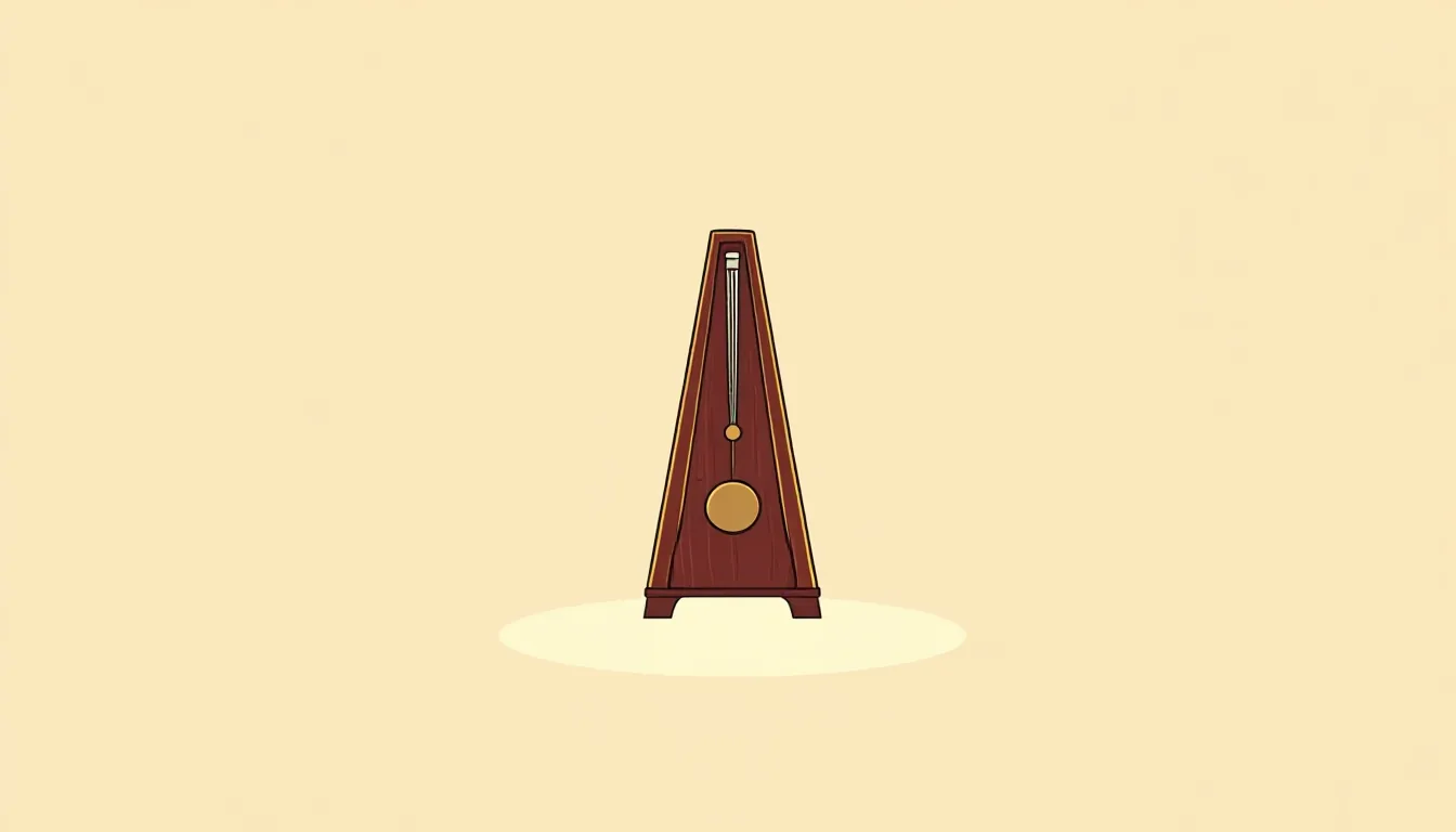 An old wooden metronome stands alone in a cone of light on a dark background