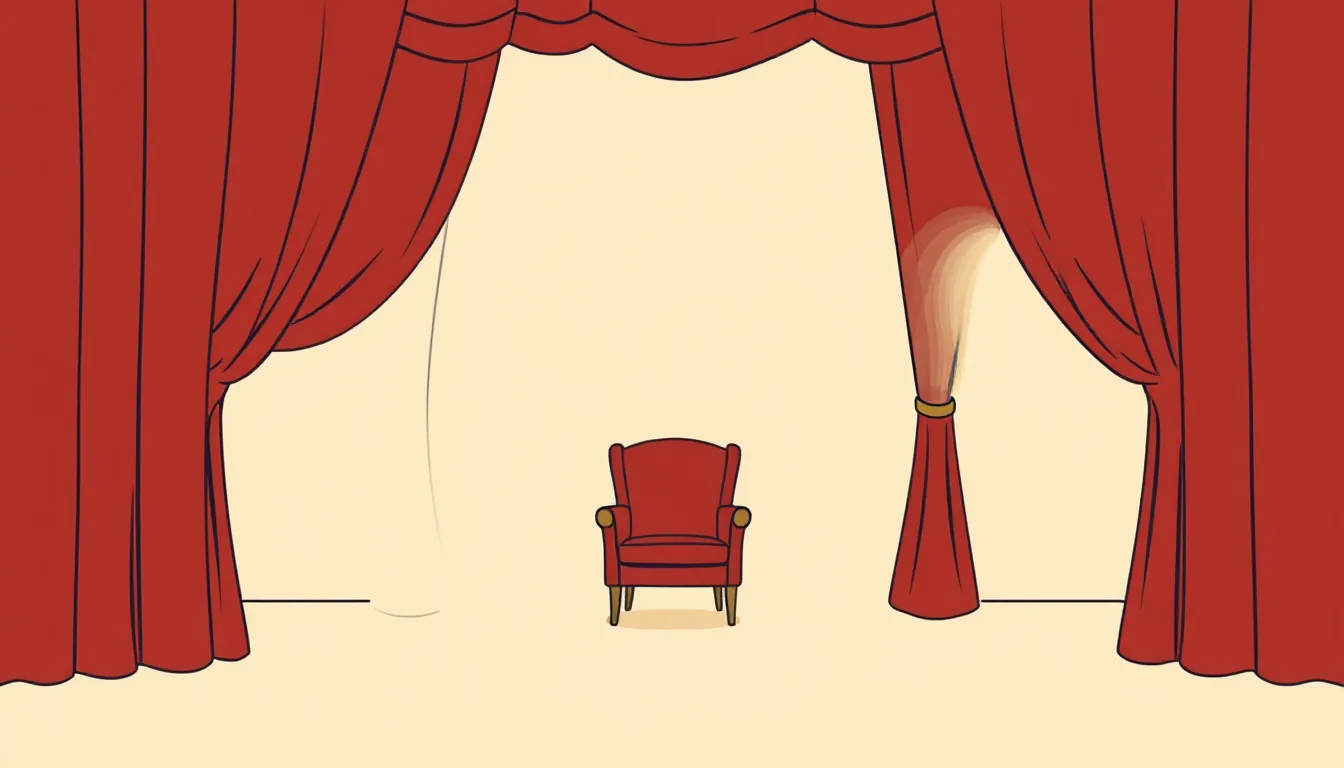 A heavy red theatre curtain opens in front of a plain armchair in an empty room
