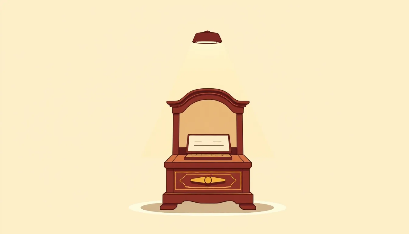 A small old-fashioned wooden music box stands alone on a plain background under a warm pool of light