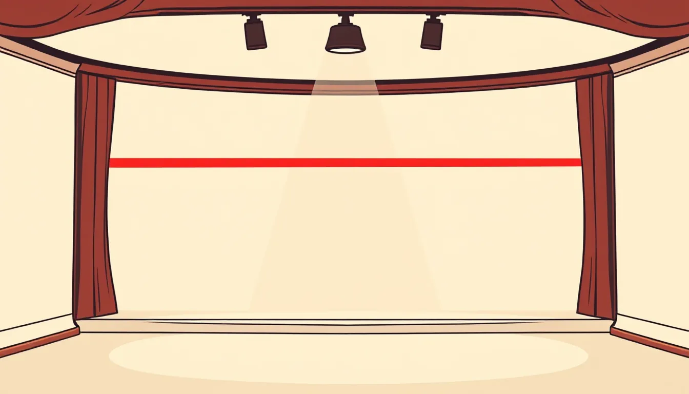 A single red laser beam stretches across an empty theatre stage beneath a spotlight
