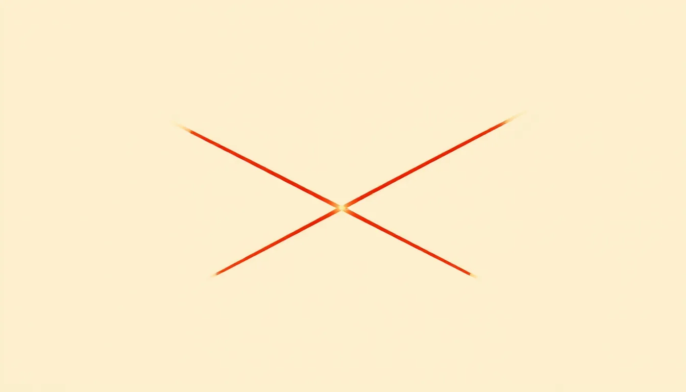 Two crossed laser beams, one red and one gold, against a plain cream background