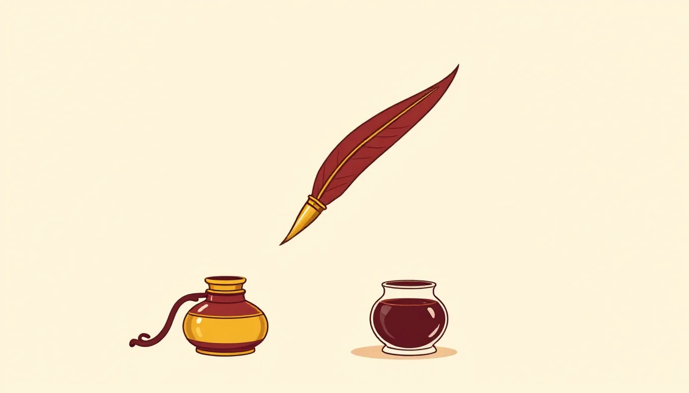 An antique quill floats above a golden inkwell against a cream background