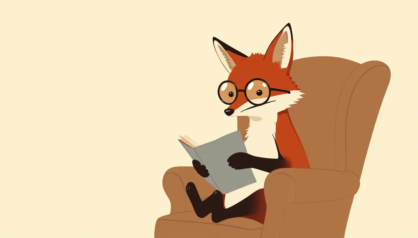 A fox in reading glasses sits in a cosy wingback armchair