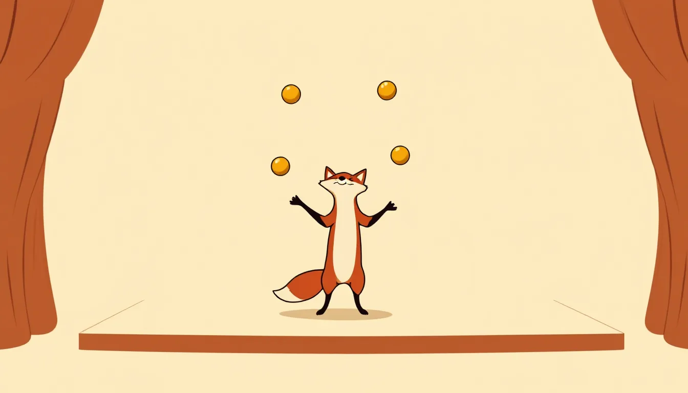 A small fox juggles several golden balls on an empty stage