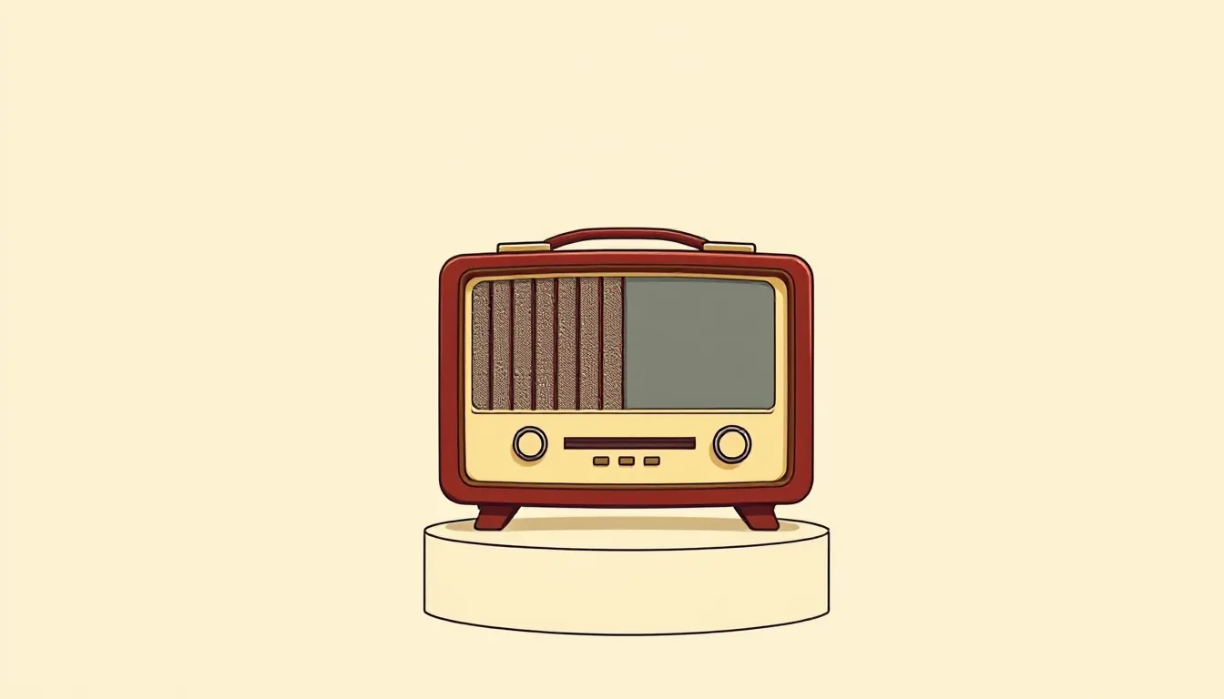 An old wooden valve radio stands alone on a plain plinth