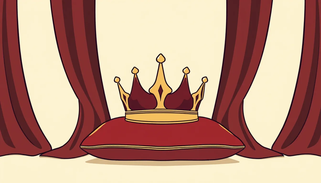 An empty crown on a velvet cushion before a dark curtain