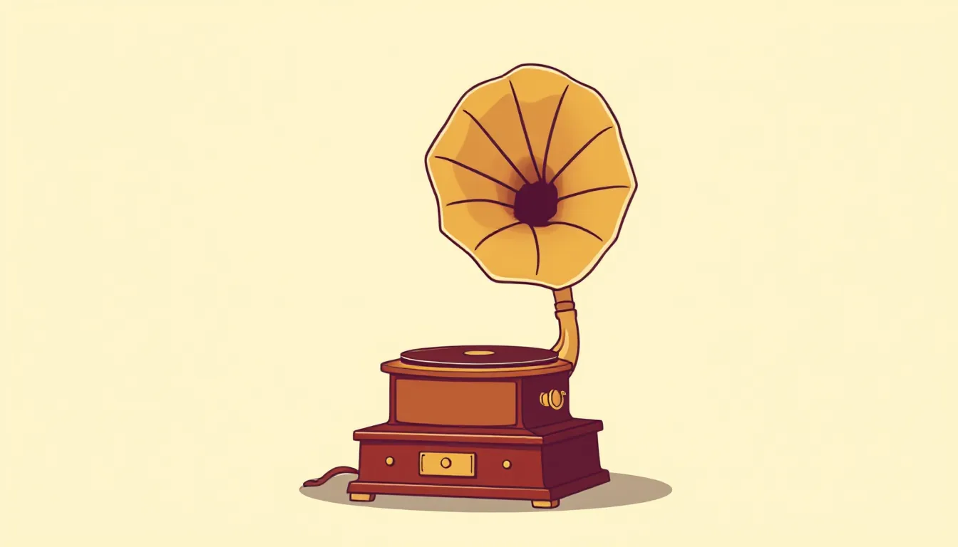 An old gramophone with a large brass horn against a cream-coloured background