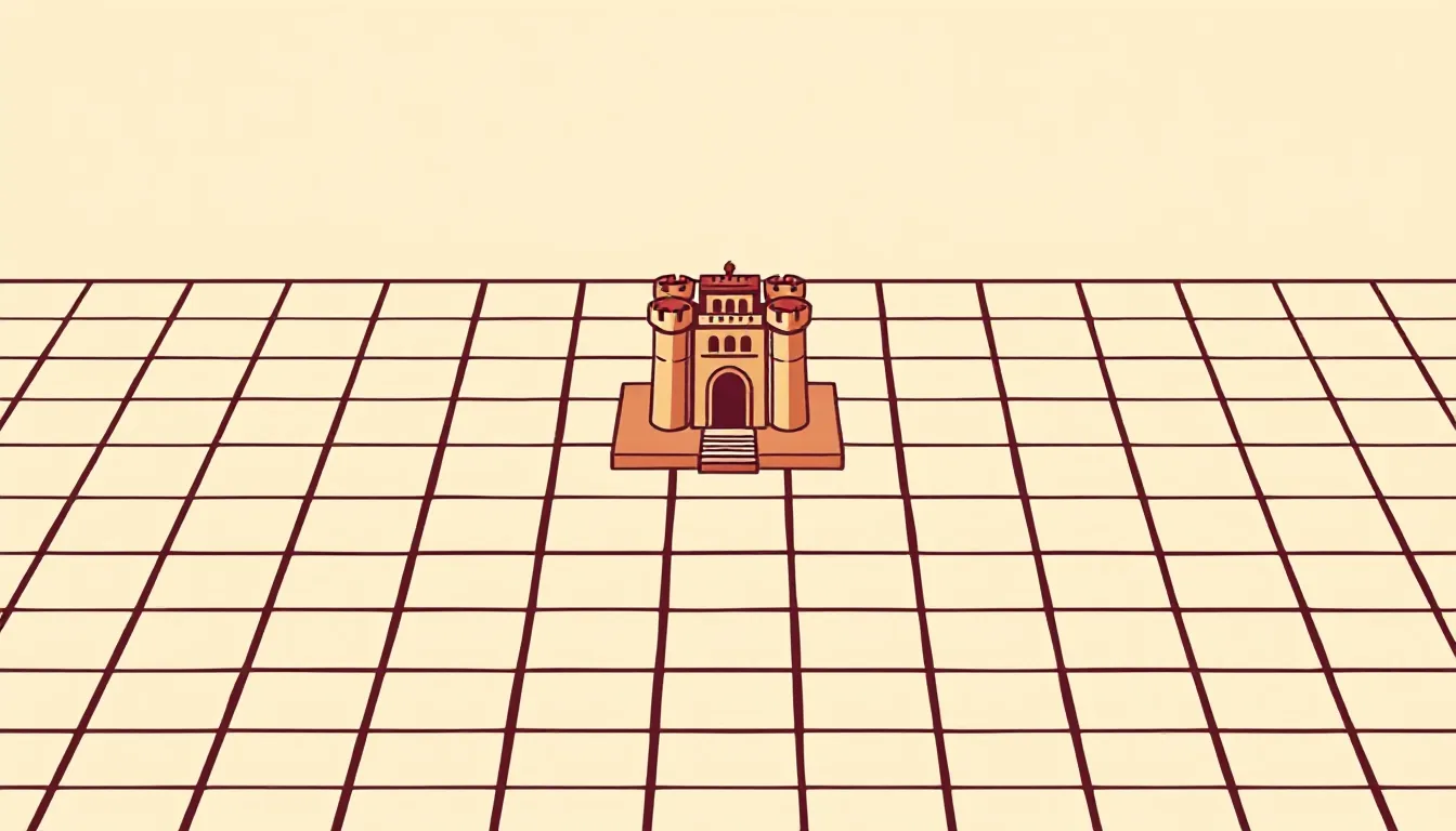 A plain chequerboard pattern of floor tiles with a small fortress in the middle