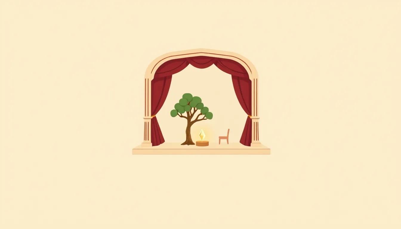 A small stage model with a stylised tree and a crystal on a cream background