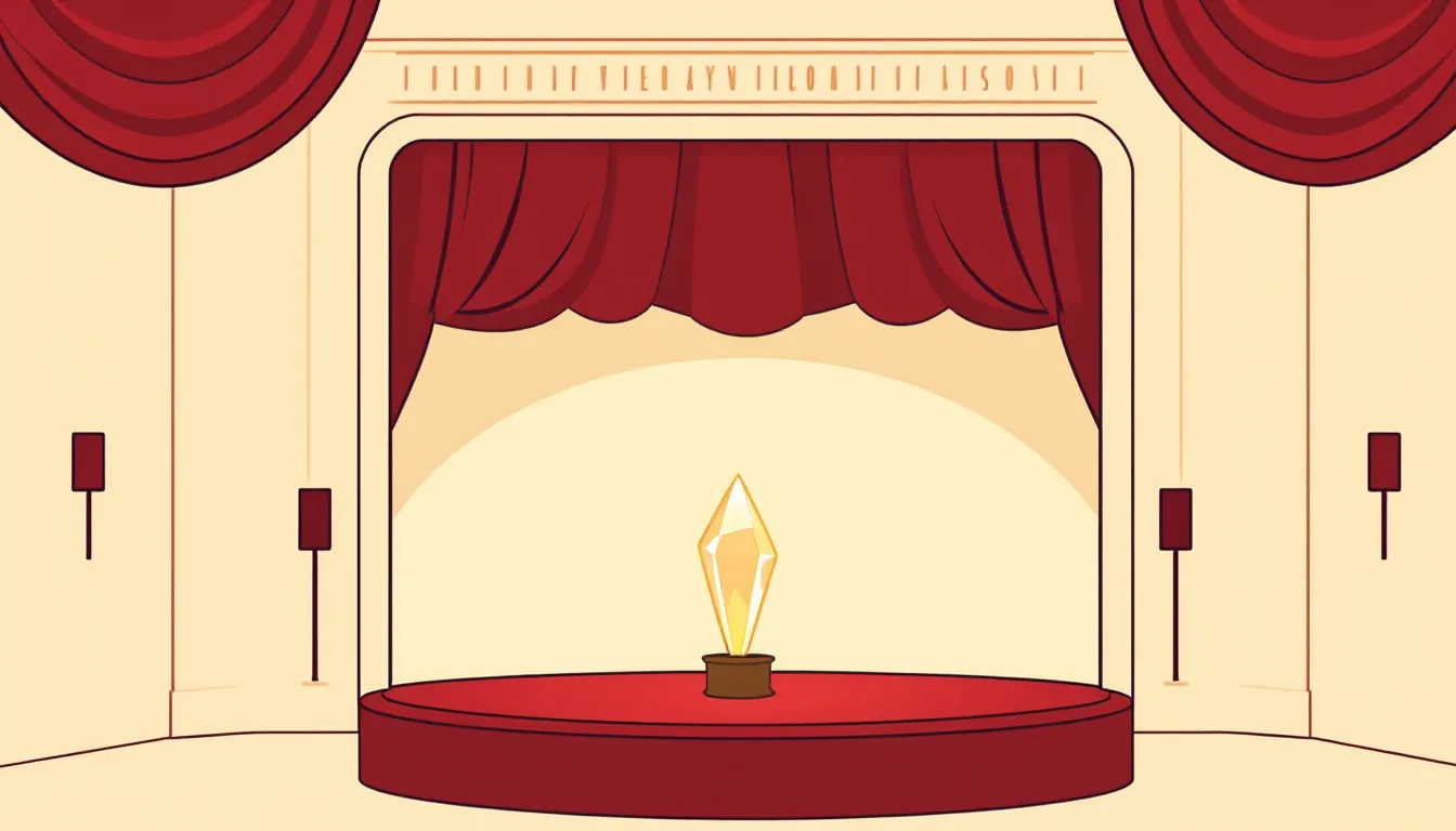 A glowing crystal on a small theatre stage with a half-open red curtain