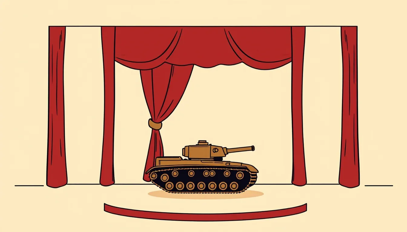 A red theatre curtain half-closing over a small tank