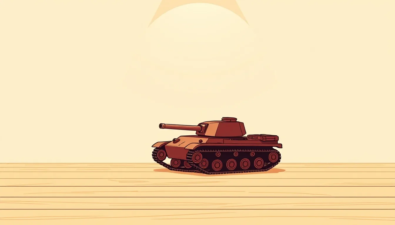 A small toy tank stands alone on an empty wooden floor under a spotlight beam