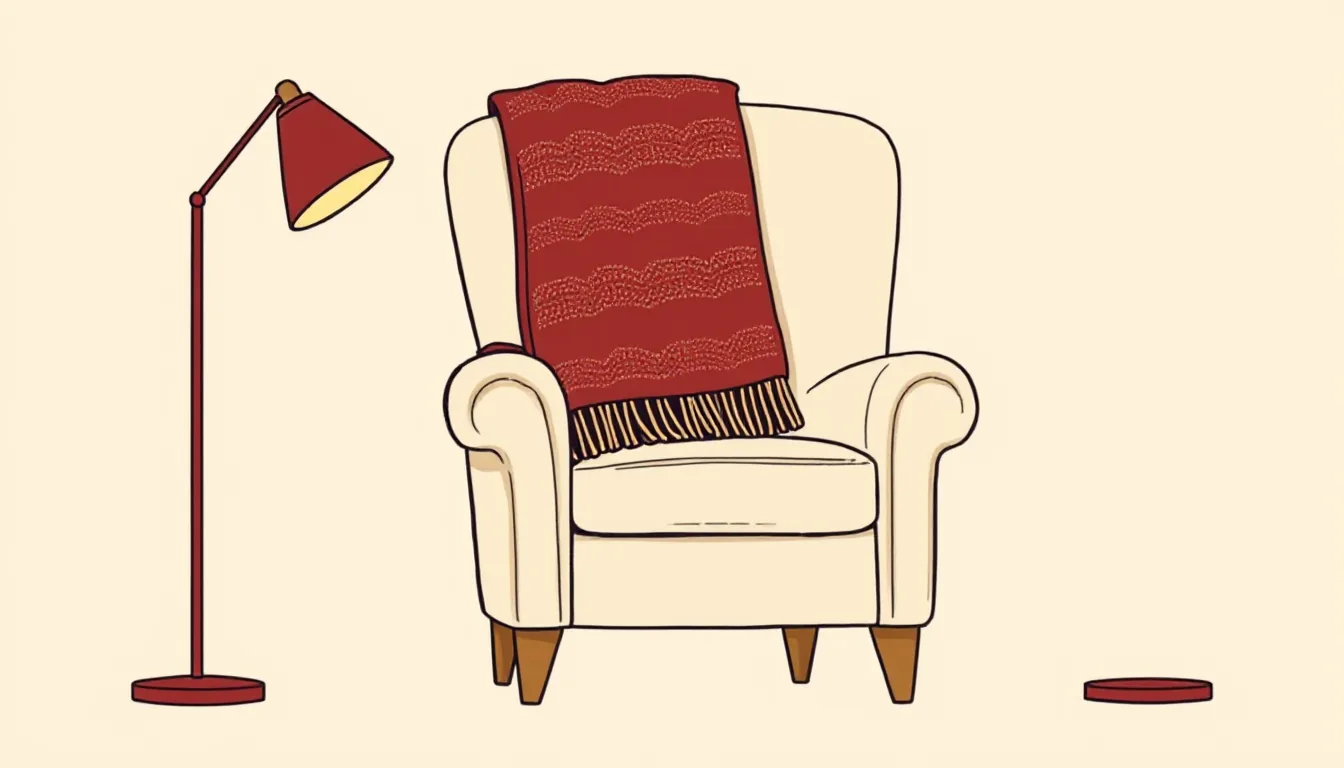 An armchair with a folded woollen blanket beside a floor lamp against a plain background